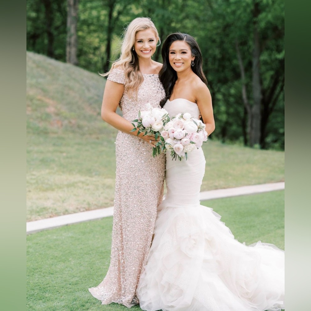 OFF THE SHOULDER SEQUIN BEADED GOWN IN ROSE GOLD